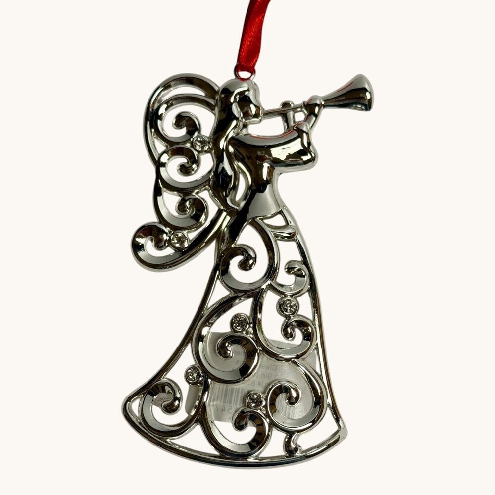 Lenox Christmas Ornament Sparkle and Scroll Silver Tone Red Ribbon Hanger 4.5in